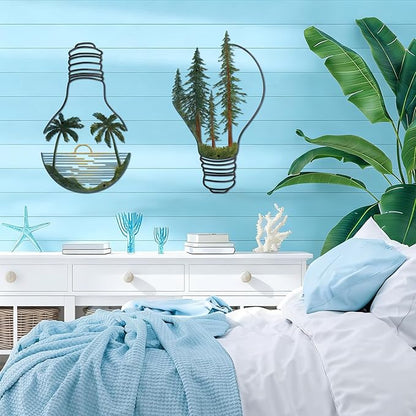 ESTART Metal Pine Tree Wall Art, Metal Bulb Wall Decor, Nature Rustic Farmhouse Cabin Decor, Forest Wall Art for Home Living Room Bedroom Office Indoor and Outdoor Decoration (Colorful)