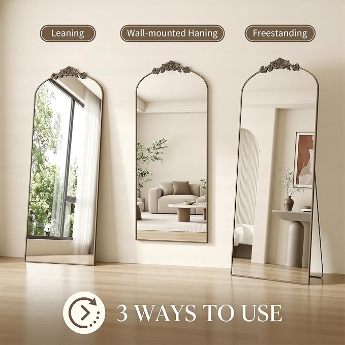 Antok Arched Full Length Mirror, 65"x24" Floor Mirror with Carved, Full Body Mirrors for HomeDecor, Standing/Halling Large Wall Mirror for Bedroom, Living Room, Cloakroom, Bronze, Vintage Style