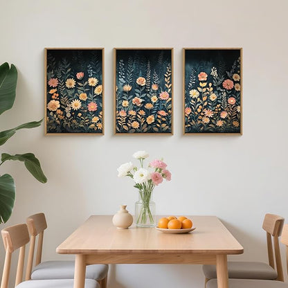 HPNIUB Moody Dark Wildflowers Framed Wall Art Set,Modern Botanical Floral Wall Decor,Dark Blue Colorful Flower Vibrant Printing,Nature Spring Flower Artwork for Living Room, Bedroom,Office-24''x36''x3