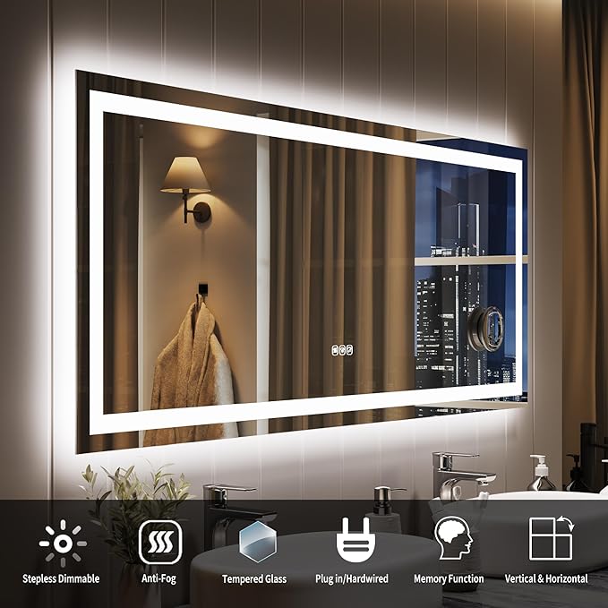 60x24 LED Bathroom Mirror with Lights, Frameless Wall Mounted Vanity Mirror with Front & Backlight, Dimmable Color Temperature, 5mm Copper-Glass, for Bathroom
