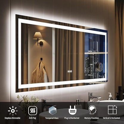 60x24 LED Bathroom Mirror with Lights, Frameless Wall Mounted Vanity Mirror with Front & Backlight, Dimmable Color Temperature, 5mm Copper-Glass, for Bathroom