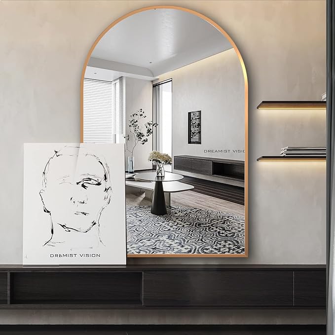 Wall Mounted Mirror, Arched Wall Mirror for Bathroom, 24"x36" Arch Bathroom Mirror with Metal Frame, Gold Vanity Mirror Decor for Mantle, Bedroom, Entryway, Living Room