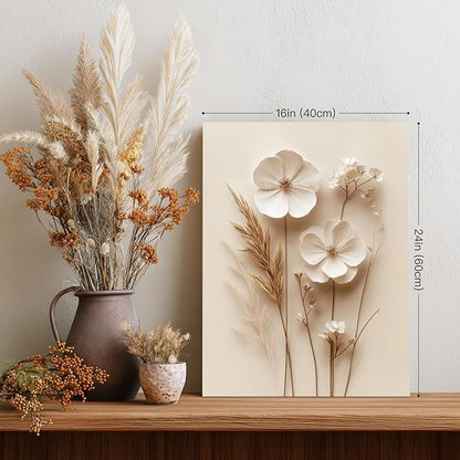 HLXRAE Minimalist Beige Floral Canvas Wall Art, Neutral Farmhouse Wall Decor, Framed Vintage Botanical Poster Prints, Modern Flower Aesthetic Pictures for Bathroom Living Room Bedroom 12"x16"x3
