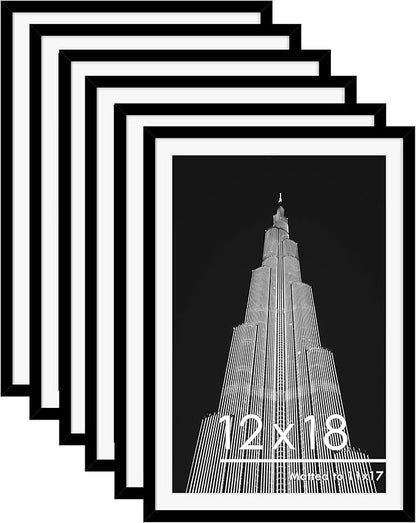 PEALSN 12x18 Picture Frame Set of 6, Display Pictures 11x17 with Mat or 12x18 without Mat for Wall Mounting Display, Poster Frames Collage for Wall Decor, Black.