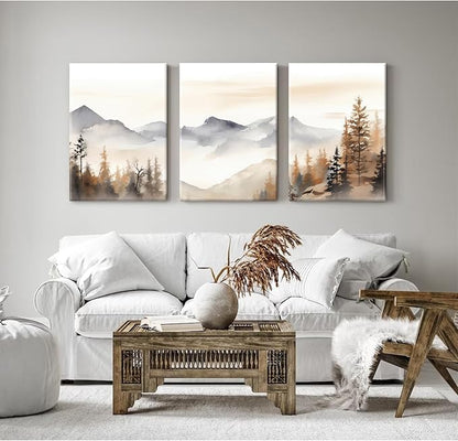 Neutral Mountain Wall Art Decor Set of 3 Forest Canvas Wall Art Poster Landscape Wall Art Artwork Modern Pictures Abstract Painting Watercolor Prints for Living Room Bedroom 24x36 Inch Wrapped Canvas