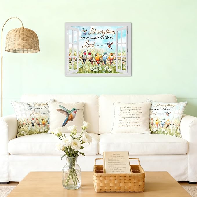 LB Bird Floral Quote Wall Art Watercolor Hummingbird with Bible Quote Flower Canvas Wall Art Nature Plant Window Wall Decor for Living Room Bedroom Bathroom Office Framed Ready to Hang 12L x 16W