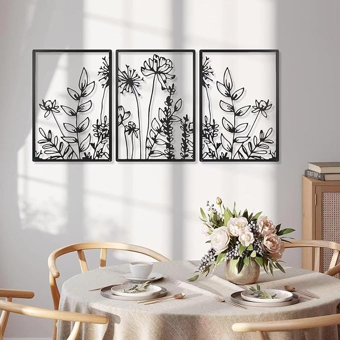 GSANMU Metal Boho Flower Wall Decor - 3 Pcs Minimalist black Farmhouse Hanging Wall Art Iron line decor for Bathroom,Living Room and Bedroom 16.5×11.8 inch