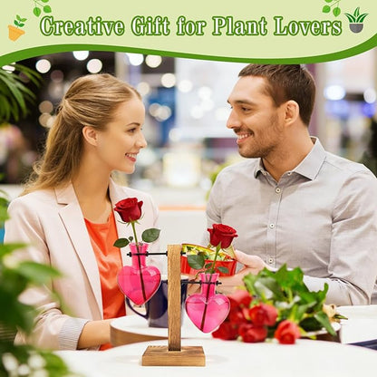 XXXFLOWER Plant Terrarium Propagation Station, Gifts for Mom Daughter Wife Plant Lover, Hydroponic Planter Bulb for Home Office Garden Decoration - 2 Pink Love Bulb Vase with Wooden Stand