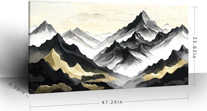 Large Black White And Gold Natural Landscape Wall Art For Living Rooms; Modern Abstract Canvas Prints Artwork For Walls; Chinese-Style Mountain Pictures For Bedrooms, Hallways, And Offices. 48X24 Inches.
