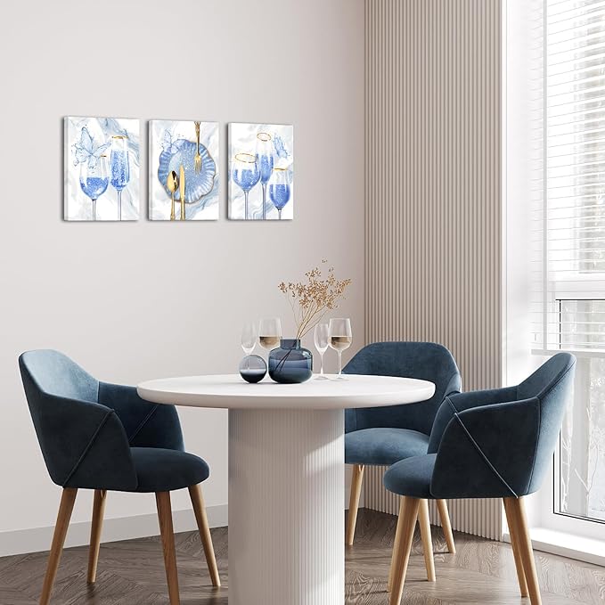 sechars 3 Pieces Set Kitchen Wall Decor Pink Wine Glass Wall Art Gold Utensils Canvas Prints Modern Dining Room Pictures (Blue)