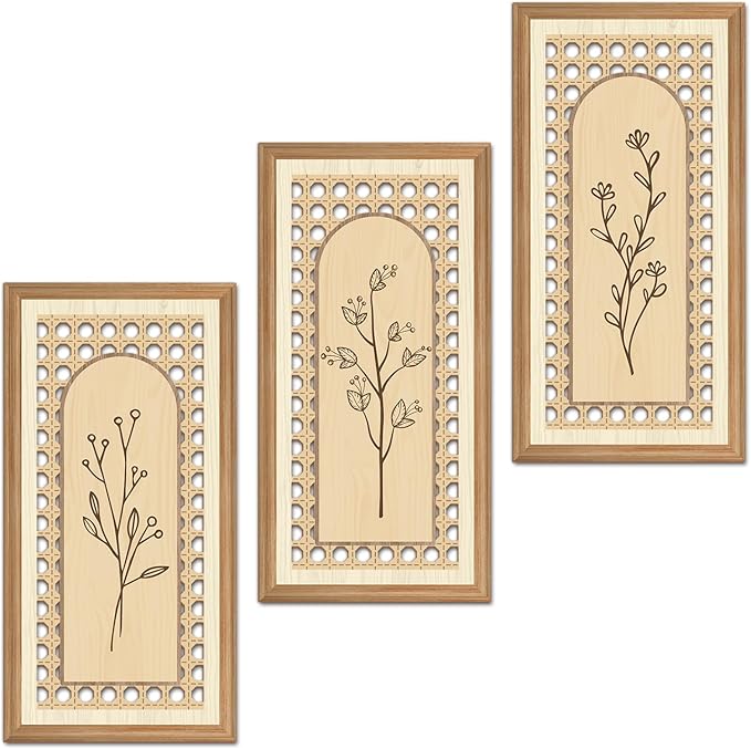IARTTOP 3 Pcs Boho Arch Wood Wall Art 8x16 Inch Minimalist Hollow Rattan Botanical Floral Wall Decor Rustic Farmhouse Wooden Hanging Decor for Living Room Bedroom Office Home Decor
