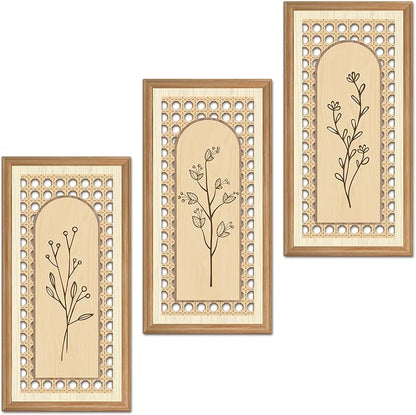 IARTTOP 3 Pcs Boho Arch Wood Wall Art 8x16 Inch Minimalist Hollow Rattan Botanical Floral Wall Decor Rustic Farmhouse Wooden Hanging Decor for Living Room Bedroom Office Home Decor