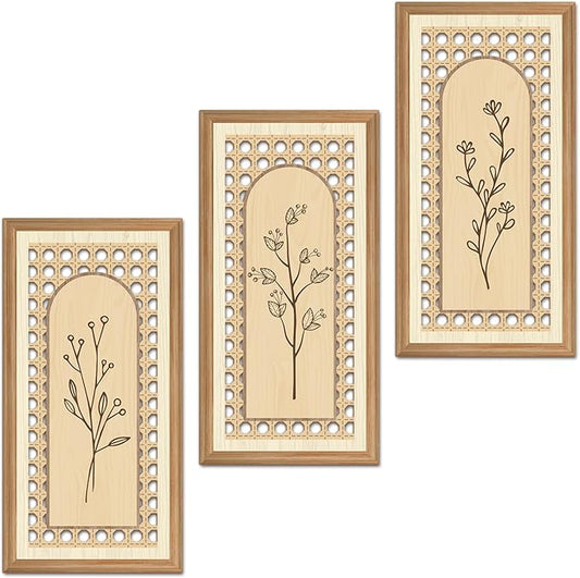 IARTTOP 3 Pcs Boho Arch Wood Wall Art 8x16 Inch Minimalist Hollow Rattan Botanical Floral Wall Decor Rustic Farmhouse Wooden Hanging Decor for Living Room Bedroom Office Home Decor