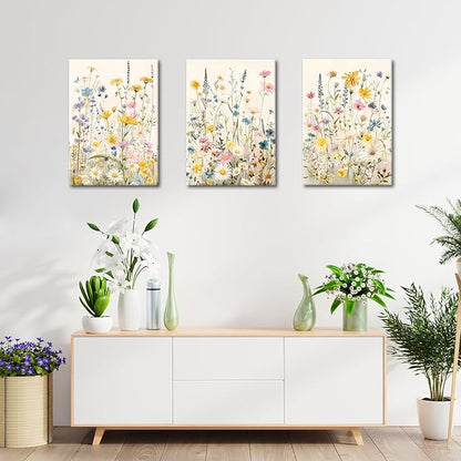 WENGTIAO 3Pcs Framed Colorful Wildflower Canvas Wall Art, Yellow Watercolors Flowers Wall Pictures Floral Canvas Prints Wall Decor Paintings for Living Room Girls Bedroom Ready to Hang 16"x24"x3