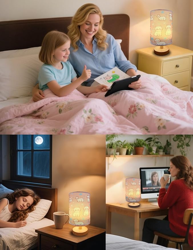 Cat Lamp, Kitty Night Light, 3 Color Changing LED Night Light with 9 Brightness Levels Wood Nightstand Desk Base Flaxen Fabric Shade for Bedroom Living Room (Pink Cat)
