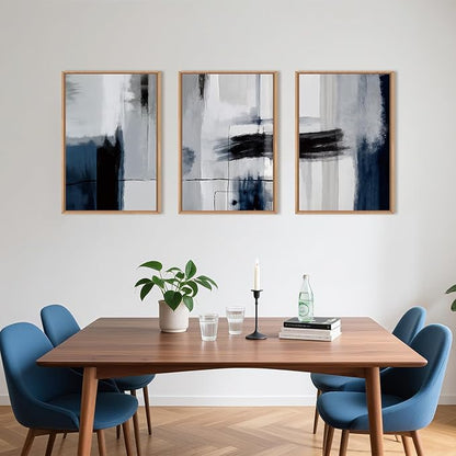 DRACIT Large Abstract Navy Blue Color Block Framed Canvas Print Wall Art Set,Gray White Modern Neutral Brush Strokes Wall Decor,Minimalist Blue Toned Geometric Line Artwork for Living Room,Bedroom-24"x36"x3
