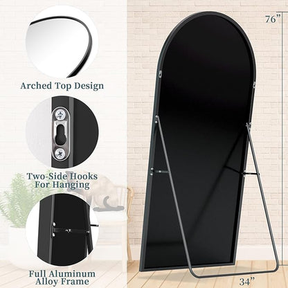Full Length Mirror with Stand, 76"x34" Arched Full Body Mirror, Large Stand Up Mirrors, Aluminum Frame Floor Standing Mirrors, Freestanding Hanging Leaning Mounted for Bedroom Living Room, Black