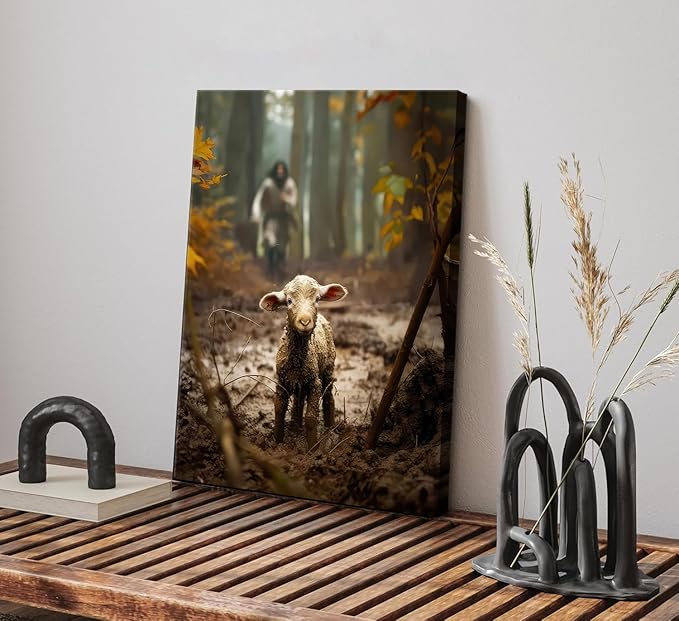 Jesus and Lamb Canvas Wall Art Jesus Running After Lost Sheep Wall Decor Christian Baptism gifts Lamb of God Painting Poster Print Artwork for Living Room Bedroom Church Decor 24X36 in canvas