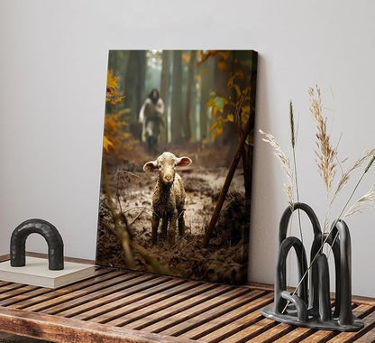 Jesus and Lamb Canvas Wall Art Jesus Running After Lost Sheep Wall Decor Christian Baptism gifts Lamb of God Painting Poster Print Artwork for Living Room Bedroom Church Decor 12X16 in canvas