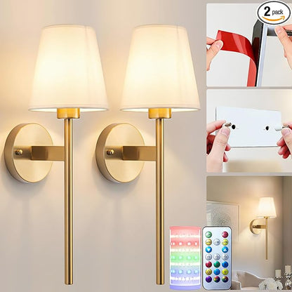Battery Operated Wall Sconces Set Of 2, Wireless Battery Wall Light With 10000mAh RGB Rechargeable Magnetic Bulb, Rechargeable Wall Sconce With Remote Control For Bedroom, No Electrician Required