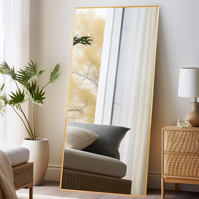 Beauty4U 71" x 32" Large Full Length Mirror with Stand, Gold Wall Mounting Full Body Mirror, Metal Frame Full-Length Tempered Mirror for Living Room, Bedroom