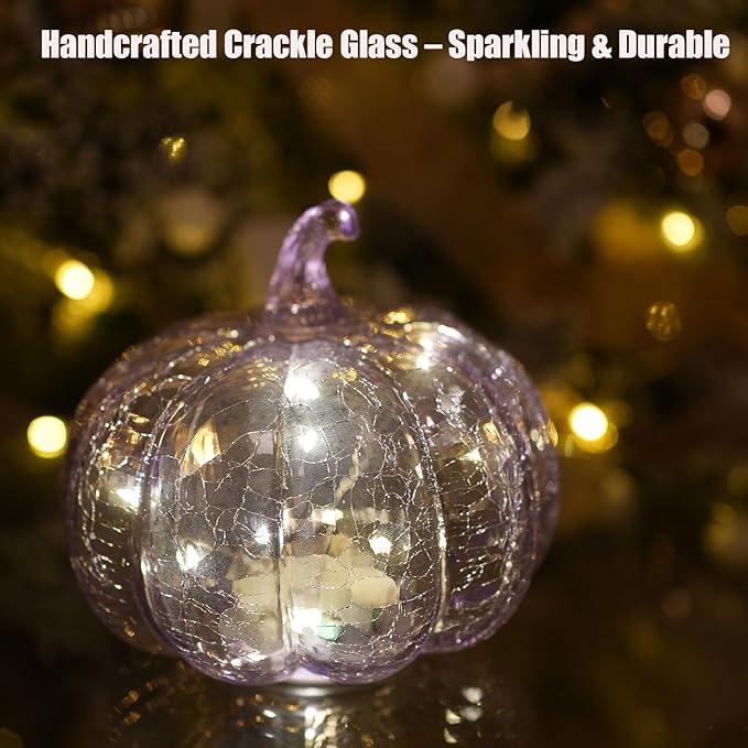 Handcrafted Lavender Crackle Glass Pumpkin Light, LED Battery Operated Table Décor with 6H Timer, Twinkle & Steady Modes, Elegant Fall & Holiday Decoration