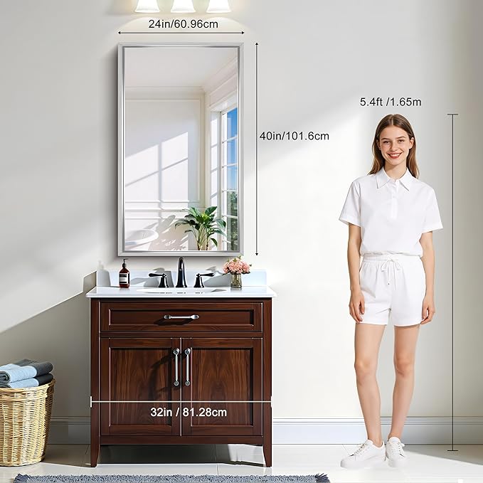 CIRCUMI 24"x40" Brushed Silver Mirror with Chunky Box Metal Frame, Bathroom Mirror for Vanity Remodel & New Home, Living Room, Entryway, Rectangular Wall Mirror, Tempered Glass, Vertical or Horizontal