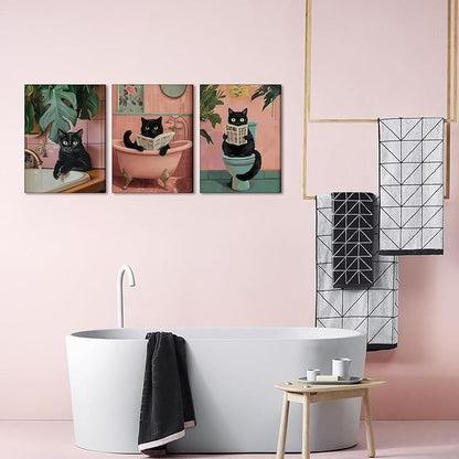 Funny Pink Bathroom Cat Wall Art Painting Set of 3 Maximalist Cute Black Cat Bathroom Wall Decor, Eclectic Animal Restroom Poster Canvas Prints Pictures 16x24 inch Framed