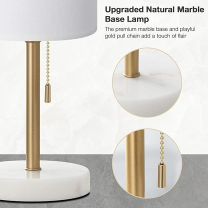 Dicoool Tall Bedside Table lamp for Bedroom - Luxury Marble Base & 3 Color Temperatures Bedside Lamps, Pull Chain Gold Table Lamps, White Nightstand Lamps for Living Room/Guest Room