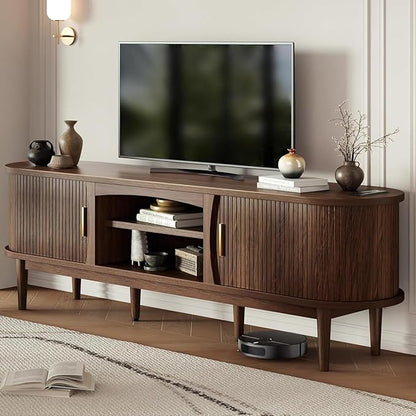 Decofy Mid Century TV Stand for TVs up to 80 Inches, Entertainment Center with Storage, Power Outlet, Fluted Sliding Doors & Adjustable Shelves, Modern Media TV Console Table for Living Room (Walnut)