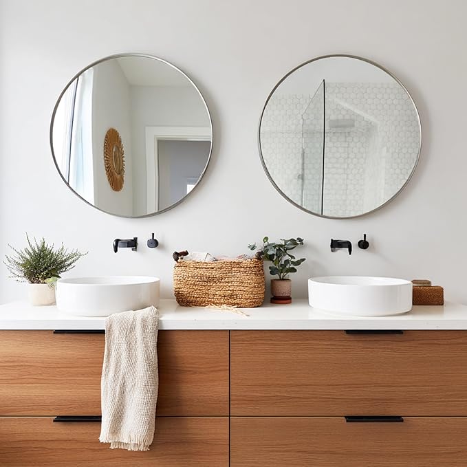 Sunniry 2 Pack 20 inch Silver Round Mirror, Silver Circle Mirror, Round Bathroom Mirrors Metal Frame for Bathroom, Bedroom, Living Room, Hallway.
