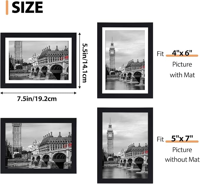 Fixwal 5x7 Picture Frame Set of 6 with Shatter Resistant Plastic Glass, Thin Border and Light Weight Photo Frames for Wall or Tabletop Display, Gift for Mother's Day, Father's Day, Graduation, Black