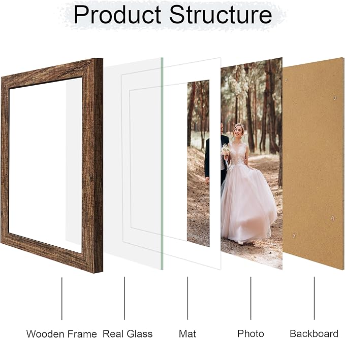 iRahmen 8x12 Picture Frame with Mat 6x8 - High Definition Real Glass Wooden Photo Frames for Tabletop Display and Wall Mounting (Brown, Set of 2)