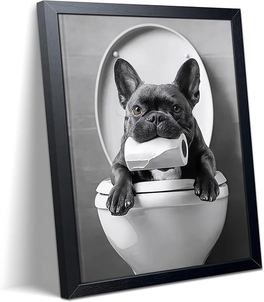 Funny French Bulldog Bathroom Canvas Wall Art, Black and White Frenchie Poster Decor, Cute Puppy Toilet Painting Print Picture Wall Decor for Farmhouse Restroom Washroom Home Decoration 8x10 Inch Framed