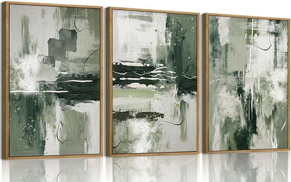 myusuar 3 Piece Large Modern Abstract Canvas Framed Wall Art For Living Room, Sage Green Minimalist Wall Art Decor Posters Prints For Bedroom Office, 24x36in