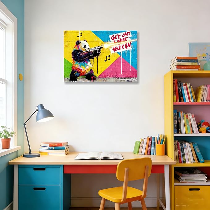 16x24 Inch Colorful Graffiti Panda with Gun Canvas Wall Art Painting- "Get Out While You Can" Street Art Print, Modern Pop Art Wall Decor Poster for Kids/Teen Boy/Child Bedroom Bathroom Living Room