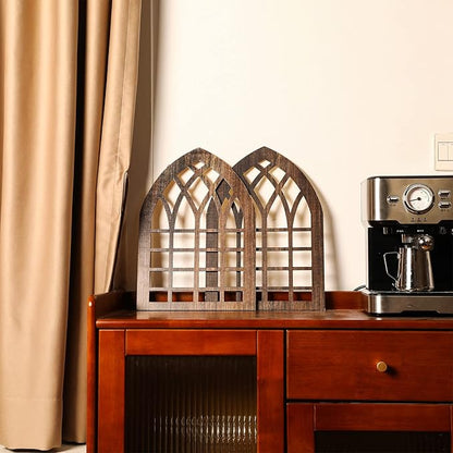 Yulejo 2 Pcs Rustic Window Frame Wall Decor Wooden Farmhouse Wall Decor 15.6'' x 11'' Arched Cathedral Window Home Decor Fake Window Pane Vintage Wall Art for Entryway Living Room Bedroom (Dark Brown)