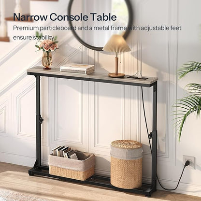 HOOBRO Narrow Console Table with Charging Station, Adjustable Height Sofa Table (25''-32.9''), Slim Behind Couch Table for Small Spaces, Entryway, Living Room, 39.4" Greige BG95UXG01