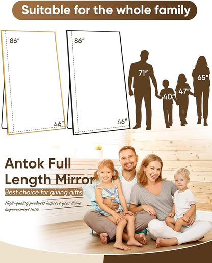 Antok Full Length Mirror, 86"x46" Oversized Floor Mirror Freestanding, Full Body Mirrors Floor Standing Mirror with Stand, Hanging Mounted Mirrors for Living Room Cloakroom,Black,Rect Style