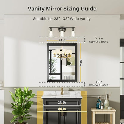 Briivue 24x30 Inch Black Bathroom Mirror for Wall, Thick Metal Framed Rectangle Mirrors for Over Sink, Bedroom, Living Room, Entryway, Anti-Rust, HD Tempered Glass