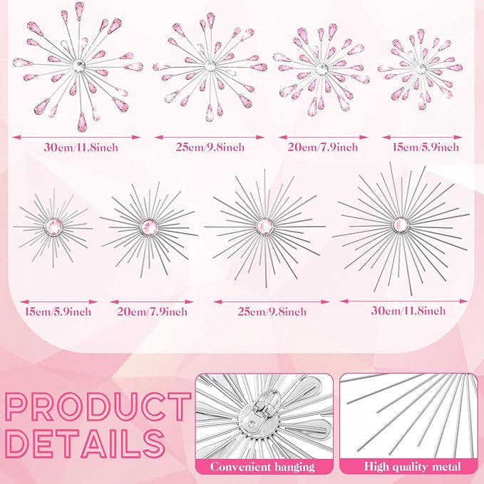 Blulu 8 Pcs Pink Metal Wall Art Cast Iron Starburst Wall Decor Bling Crystal Sculptures Living Room 3D Teardrop Radial Rhinestone Hanging Diamond Accents for Home Office Bedroom Entryway