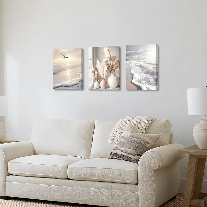 3 Pcs Beach Seaside Wall Art for Bedroom, Modern Beige Reeds Botanical Wall Picture Aesthetic Nature Coastal Sunset Landscape Wall Painting Poster Art Prints for Bedroom Office Home Decor 16"x24"x3Pcs