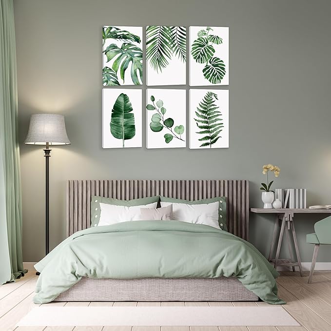 HoozGee Framed Botanical Wall Art Prints Built-in Wooden Frame Tropical Leaves Plant Leaf Canvas Print Wall Decor Green Wall Art Posters Bedroom Living Room Decor (24"x36" FRAMED)
