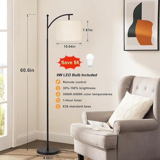 Ambimall 60" Floor Lamp with Remote Control and Stepless Dimmable Bulb, Colors Temperature & Brightness Adjustable, Modern Floor Lamps for Living Room, Deep Beige Shade & Black Pole