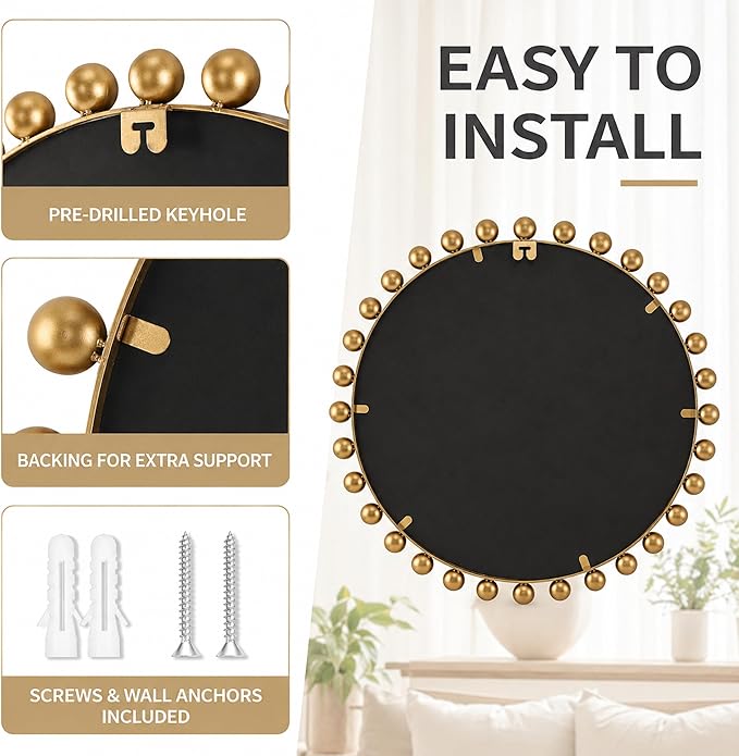 30 Inch Round Wall Mirror with Antique Gold Ball Frame, Beveled Decorative Round Accent Mirror, Vintage Gold Sunburst Style Mirror for Bedroom, Living Room, Entryway, Hallway & Wall Decor