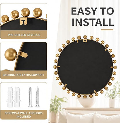 30 Inch Round Wall Mirror with Antique Gold Ball Frame, Beveled Decorative Round Accent Mirror, Vintage Gold Sunburst Style Mirror for Bedroom, Living Room, Entryway, Hallway & Wall Decor