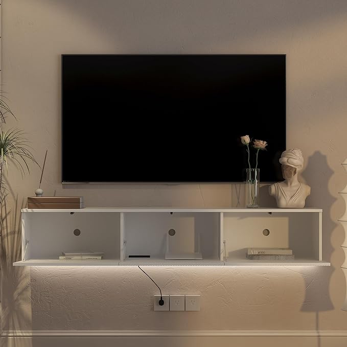 KEIKI 65" Floating TV Stand Wall Mounted with 16 Color LEDs & Power Outlets for TVs Up to 70 Inch, Wooden Media Console Entertainment Center Television Table Cabinet for Living Room, Bedroom