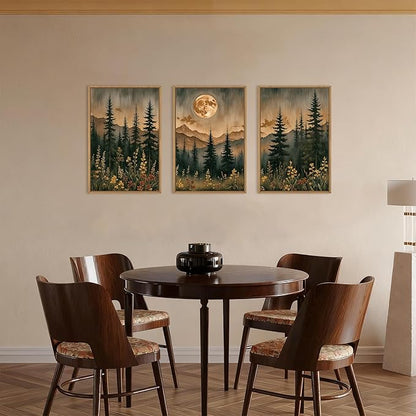 HOURIA Vintage Boho Nature Moonlight Forest Mountain Framed Canvas Wall Art Set,Wilderness Dark Moon Woodland Floral Decor,Retro Wildflower Field Landscape Artwork for Living Room,Farmhouse-16 x24 x3