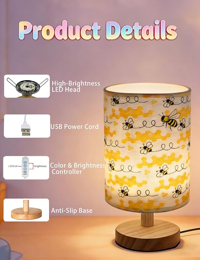 Bee Decor, Bee Night Light 3-Color Small Linen Desk Lamp, 10 x 5.12 Inch with Integrated LED, for Boys & Girls Bedroom,Living Room Bedroom Room Lighting Table Lamps Home Decoration (Honeybee)