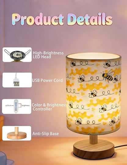 Bee Decor, Bee Night Light 3-Color Small Linen Desk Lamp, 10 x 5.12 Inch with Integrated LED, for Boys & Girls Bedroom,Living Room Bedroom Room Lighting Table Lamps Home Decoration (Honeybee)
